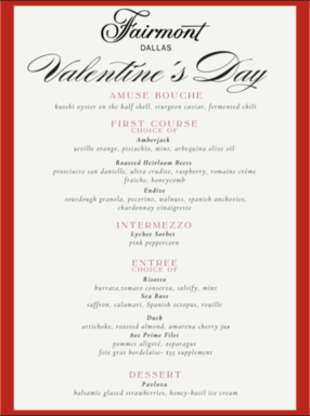 Pyramid Valentines Day Menu 2026 - Fairmont Dallas